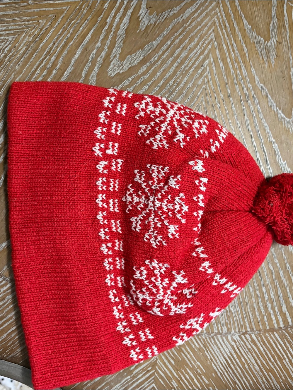 Red Kids Knit Pom Beanie with White Snowflake Pattern